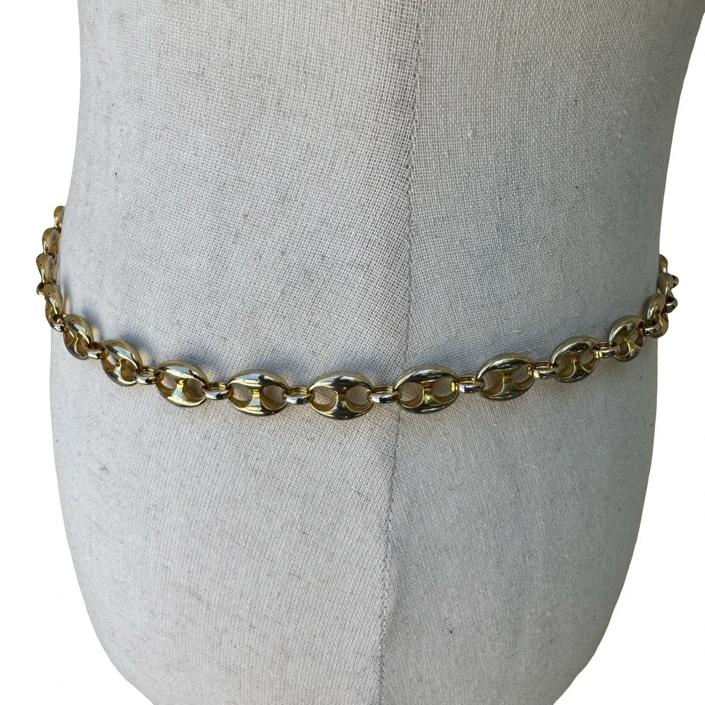 Vintage Y2K Glam Gold Tone Heart Charm Locket Dangle Link Chain Belt Adjustable